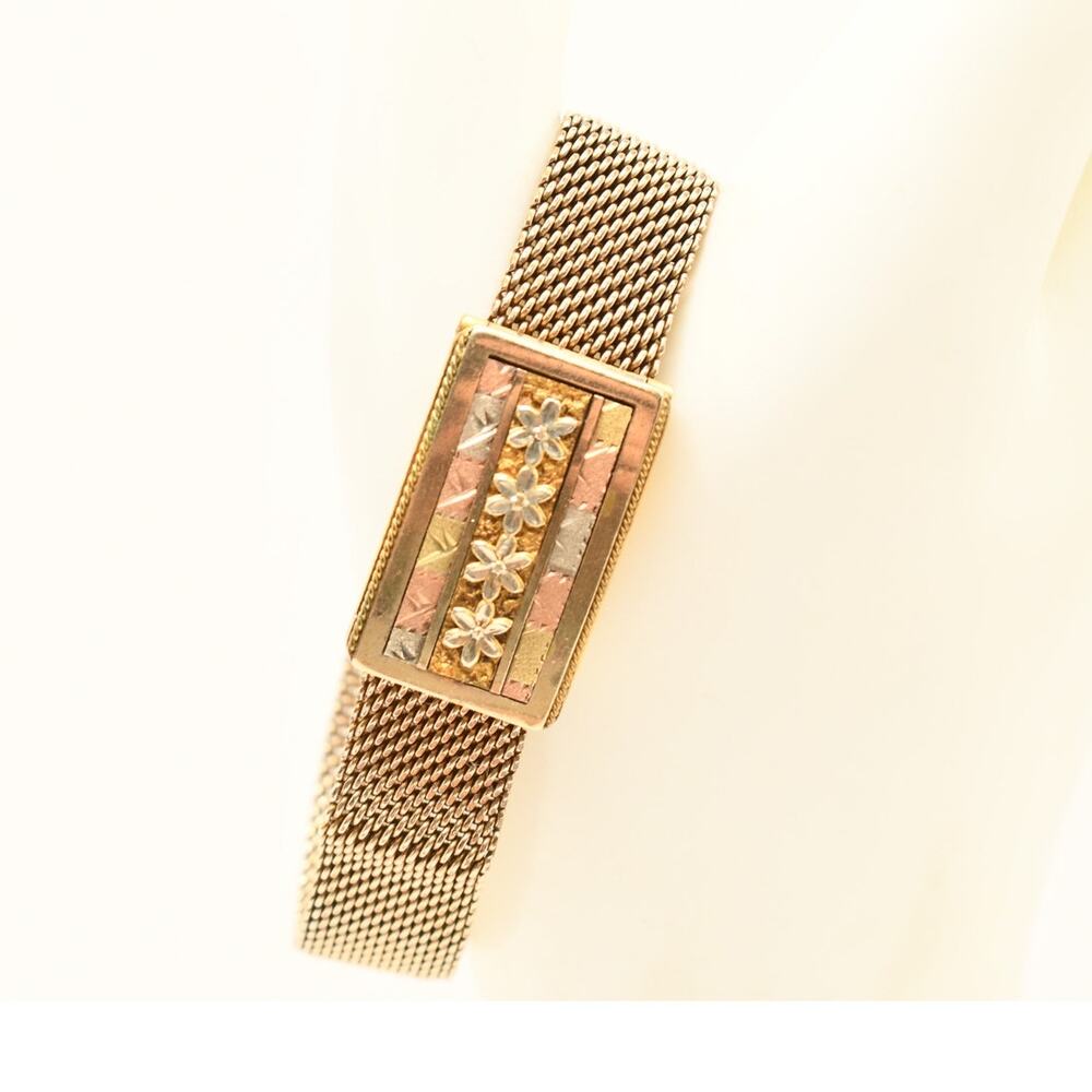 Vintage Tri Color Floral Gold Tone Mesh Bracelet Adjustable 7 Inch